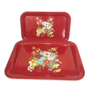 Set Of 2 Red Metal Lap Trays Tv Bed Vintage Flower Two Sizes Rectangle Serving
