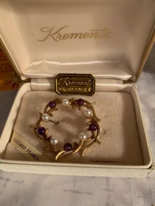 Vintage Krementz Pearl,  Amethyst And 14k Gold Overlay Pin