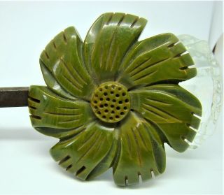 Vintage 1920 - 1930 Art Deco Swirled Spinach Green Bakelite Carved Flower Brooch 2