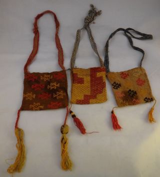 3 Pre - Columbian Peruvian Nazca Textile Coca Bags W/straps.  600 - 800 Ad