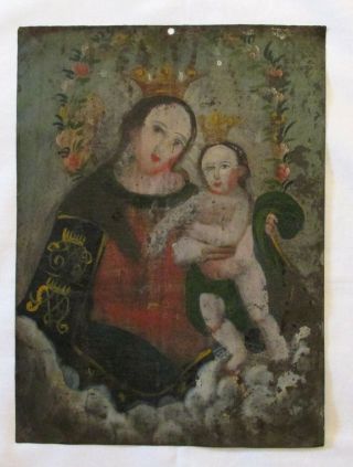 Antique 19th C.  Spanish Mexican Retablo Devotional Folk Art Painting Mother & Ch