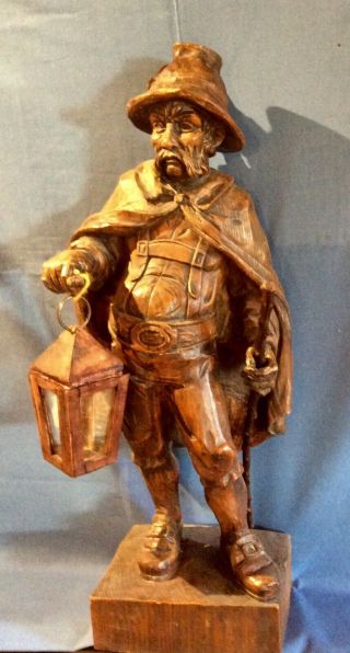 Large Antique Swiss /black - Forest Looking Wooden Carved Figure Of Night Watchman