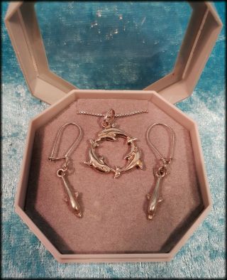 Vintage 925 Solid Sterling Silver Dolphin Necklace & Earrings Boxed Set