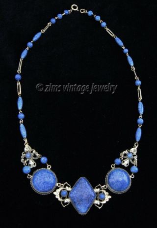 Vintage Old Art Deco Czech Lapis Blue Glass Silver Floral Filigree Link Necklace