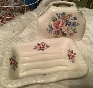 Vintage Athena Bath Set Porcelain Soap Dish & Toothbrush Holder Roses Floral