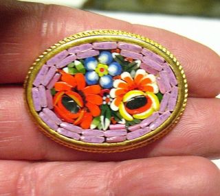 Gold Micro Mosaic Oval Pin Brooch 28 X 33 Mm Vintage
