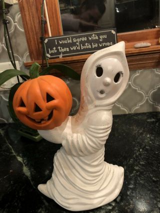 Vintage Ceramic Light - Up Halloween Ghost With Jack O Lantern Pumpkin