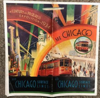 Vintage 1934 Century Of Progress,  Chicago Transit Route Map