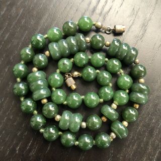 Fine Vintage Chinese Carved Green Jade Stone Art Jewelry Disc Beaded Necklace