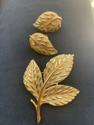 Vintage Trifari Leaf Brooch Pin And Clip Earrings Set Gold Tone Signed