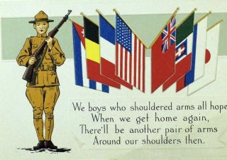 Circa 1915 - 20 Wwi Loyalty Series Us Soldier Flags Vintage Postcard F1