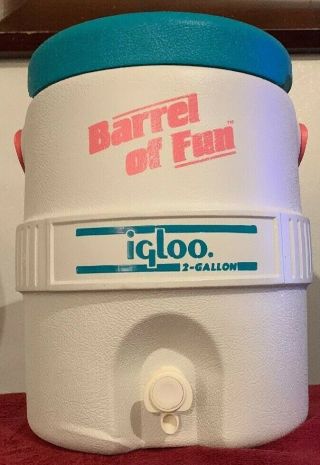 Vtg Barrel Of Fun Igloo 2 Gal Water Cooler Drink Jug Pink Turquoise White Sports
