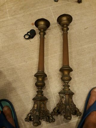 Antique Large Brass Religious Candle Holders Candlestick Church Jesus C.  1940 