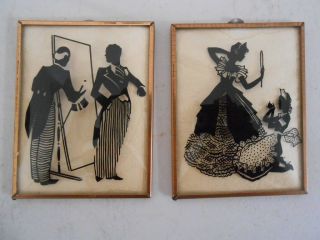 2 Vintage Silhouette Pictures Convex Glass Reverse Painted