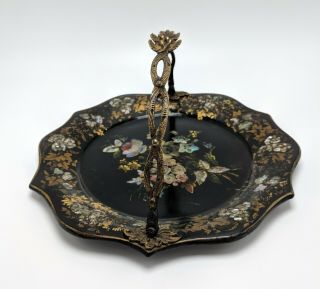 Antique Victorian Calling Card Tray Paper Mache Lacquer Inlaid Mother of Pearl 3