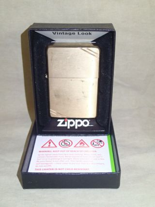 2016 Zippo Lighter - Vintage Look Gold - Tone W/diagonal Lines At The Corners & Box