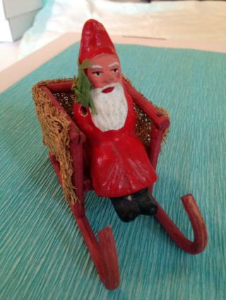 Antique German Composition Santa In A Luffa Sleigh