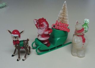 Vintage Plastic Santa In Sleigh And Glow Snowman Candy Containers