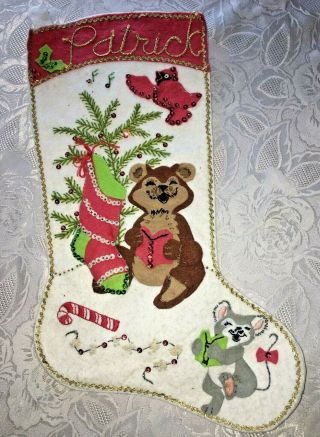 Vtg Handmade Felt Christmas Stocking Sequin Woodland Bear Mouse Tree " Patrick "