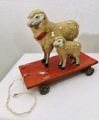 Antique German Woolly Stick Leg Mother Sheep Ewe W/ Lamb Pull Toy,  Metal Wheels