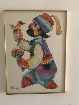 Jovan Obican Rare Vintage Artwork,  Man With Bird And Flowers