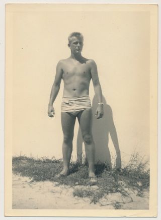 Shirtless Crewcut Man W Swimsuit Bulge Vtg 50 