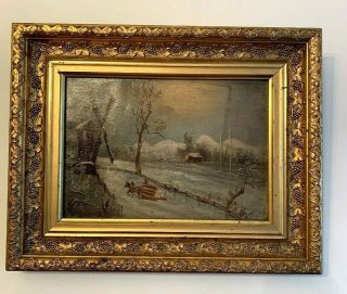 Antique Oil Painting In Orname Frame Country Winter 18.  5 " X 14.  5 " With 3 " Frame