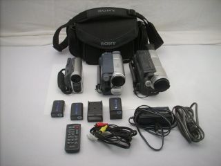 3 Vintage Sony Handycams - Dcr Hc38,  Dcr Trv460 Ntsc,  Trv308 W/accessories