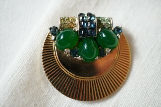 Vintage Gold Tone Green Poured Glass Rhinestone Scarf Clip
