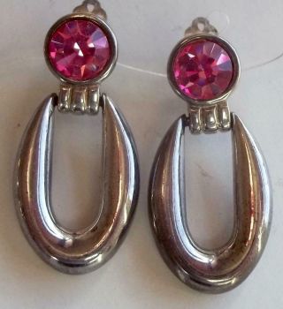 Givenchy Vintage Earrings Haute Couture Hot Pink Rhinestones Siver Door Knockers