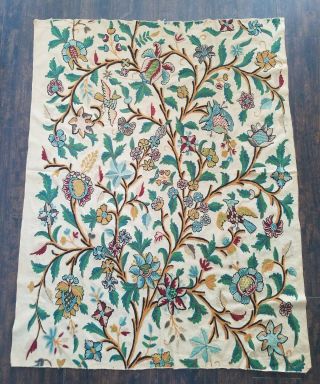 Vintage Wool Crewel Embroidered Natural Linen Material 62x49 Floral Fabric Panel