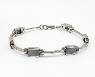 925 Sterling Silver - Vintage Hematite Inlay Square Link Chain Bracelet - B5560 2