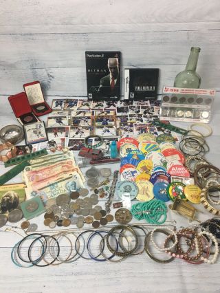 196 Items Junk Drawer Box Treasure Vtg Coins Hockey Cards Bills Jewelry Buttons