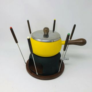 Vintage M Kamenstein Yellow Enamelware 2 Quart Fondue Pot Set Box Forks Recipes