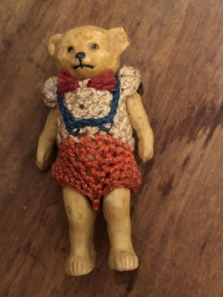 Rare Antique All Bisque Hertwig Bear German Crocheted Miniature 2 1/4” Bear Nm,