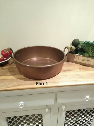 2 x HEAVY WEIGHT ANTIQUE FRENCH COPPER PAN JAM PAN 2