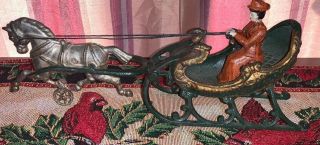 Rare Antique Cast Iron Toy Horse Drawn Sleigh W Victorian Lady Hubley? Complete