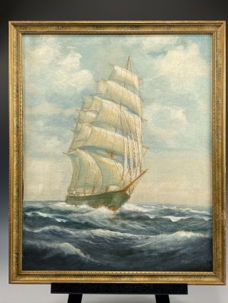 Antique T.  Bailey American Maritime Seascape Ship Oil Painting Signed By Artist