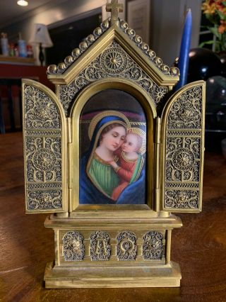 Antique Icon Painted On Porcelain Of Madonna And Child