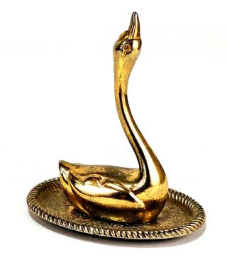 Vintage Brass Swan Ring Holder Jewelry Trinket Dish Desk Decor Paperweight