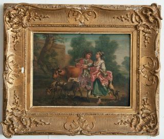 " Pastoral Scene " Fabulous Antique 19th Century French Oil On Board Painting.