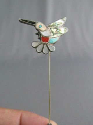 Vintage Old Pawn Sterling Zuni Inlay Hummingbird Hat Pin