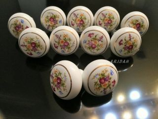 12 White Vintage Porcelain Floral Gold Trim Cabinet Knobs