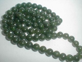 Vintage Chinese Hand Carved 8mm Spinach Green Jade Bead Hand Strung 24 " Necklace