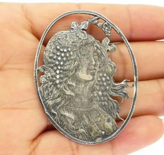 925 Sterling Silver - Vintage Etched Woman Figure Round Brooch Pin - Bp3612