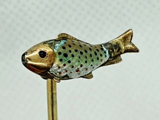 Antique Gold & Fish Enamel Stick/tie Pin In Antique Box - Gemstone Eye,  2.  8g.