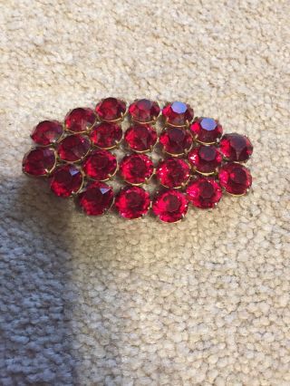 Vintage Brass Ivy Fashion Brooch With Large Red Crystal Rhinestone
