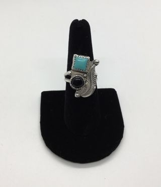 Vintage Handmade Southwestern Sterling Silver Turquoise & Onyx Ring Size 7.  5
