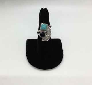 VINTAGE HANDMADE SOUTHWESTERN STERLING SILVER TURQUOISE & ONYX RING SIZE 7.  5 2
