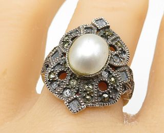 Judith Jack 925 Silver - Vintage Pearl & Marcasite Cocktail Ring Sz 9 - R9684